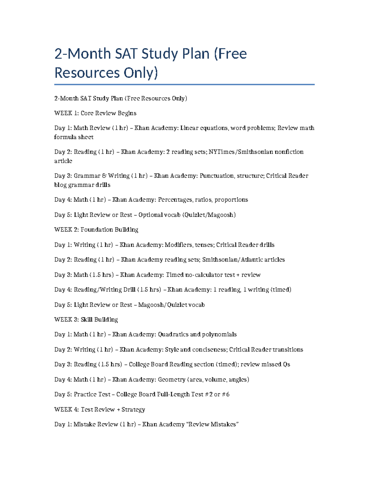 SAT Study Plan (Free Resources) - 8 Week Schedule - Studocu