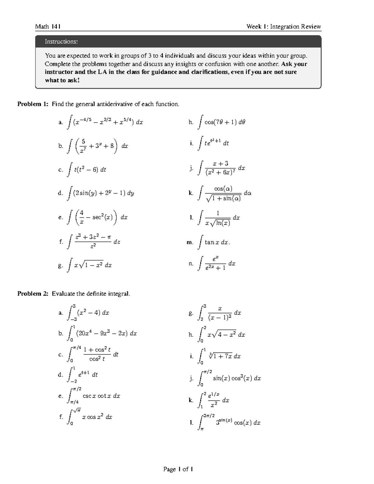 Math 141 Midterm: Integration Review Problems and Solutions - Studocu