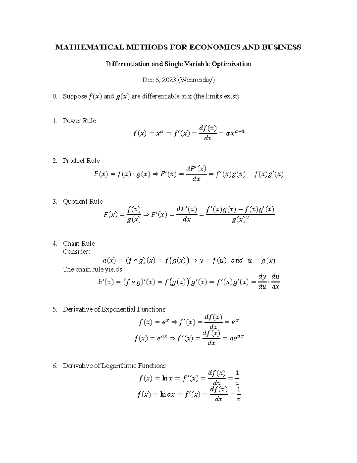 MATHEMATICAL METHODS FOR ECONOMICS AND BUSINESS: Differentiation ...