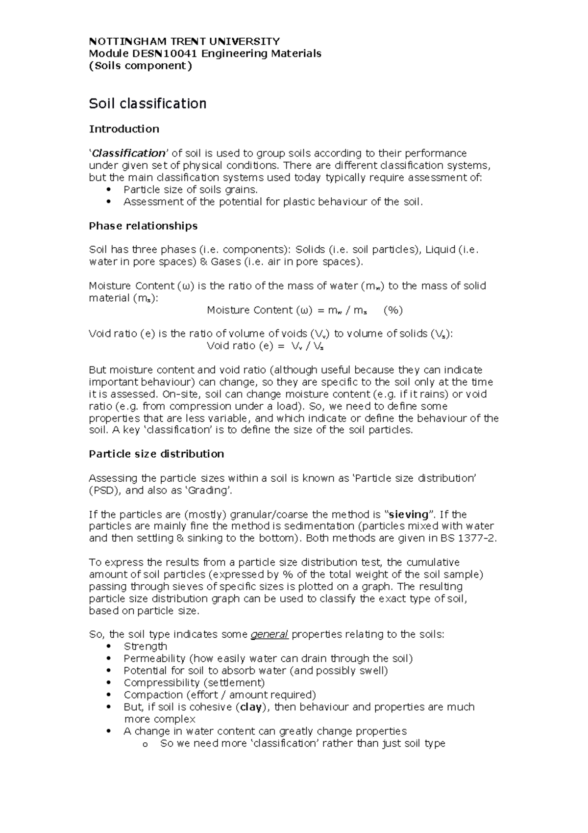 Week 16. Soil classification part 1 - notes - NOTTINGHAM TRENT ...