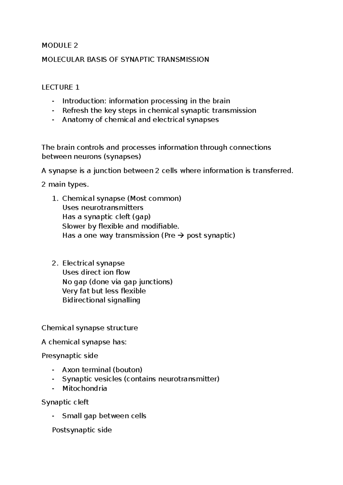Neuro MOD 2 - Molecular Basis of Synaptic Transmission Lecture Notes ...