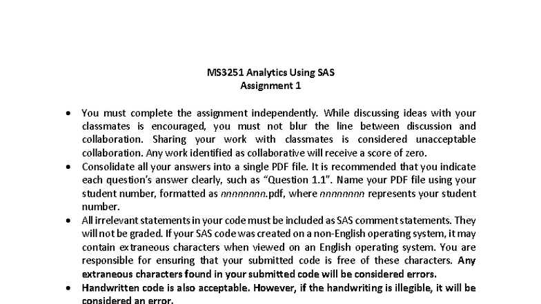 MS3251 Analytics Using SAS Assignment 1 Guidelines and Tasks - Studocu
