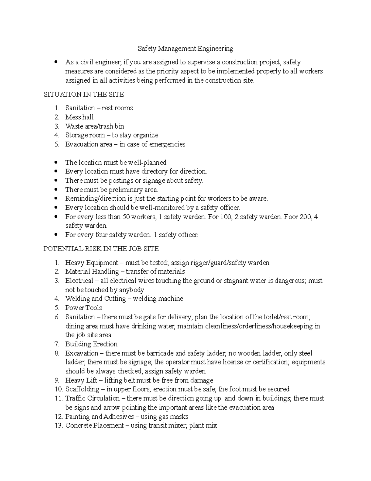 Safety Notes for Construction Management (ENG 101) - Studocu