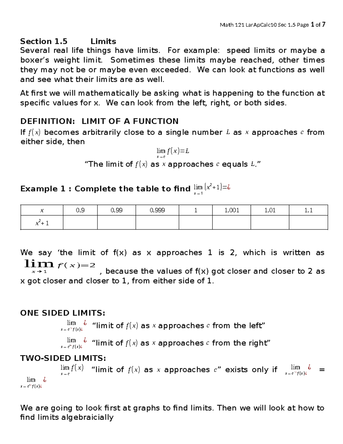Math 121 Final Exam Notes: Section 1.5 - Limits Explained - Studocu