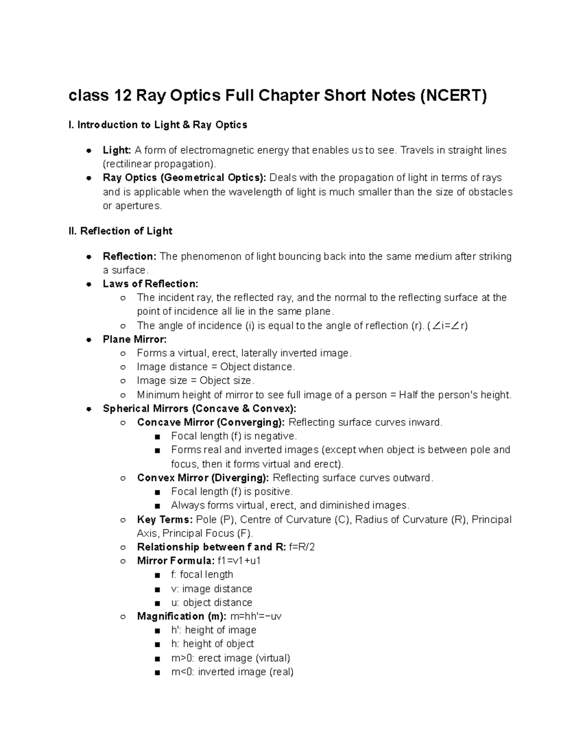 Class 12 Ray Optics Full Chapter Notes (NCERT) - Studocu