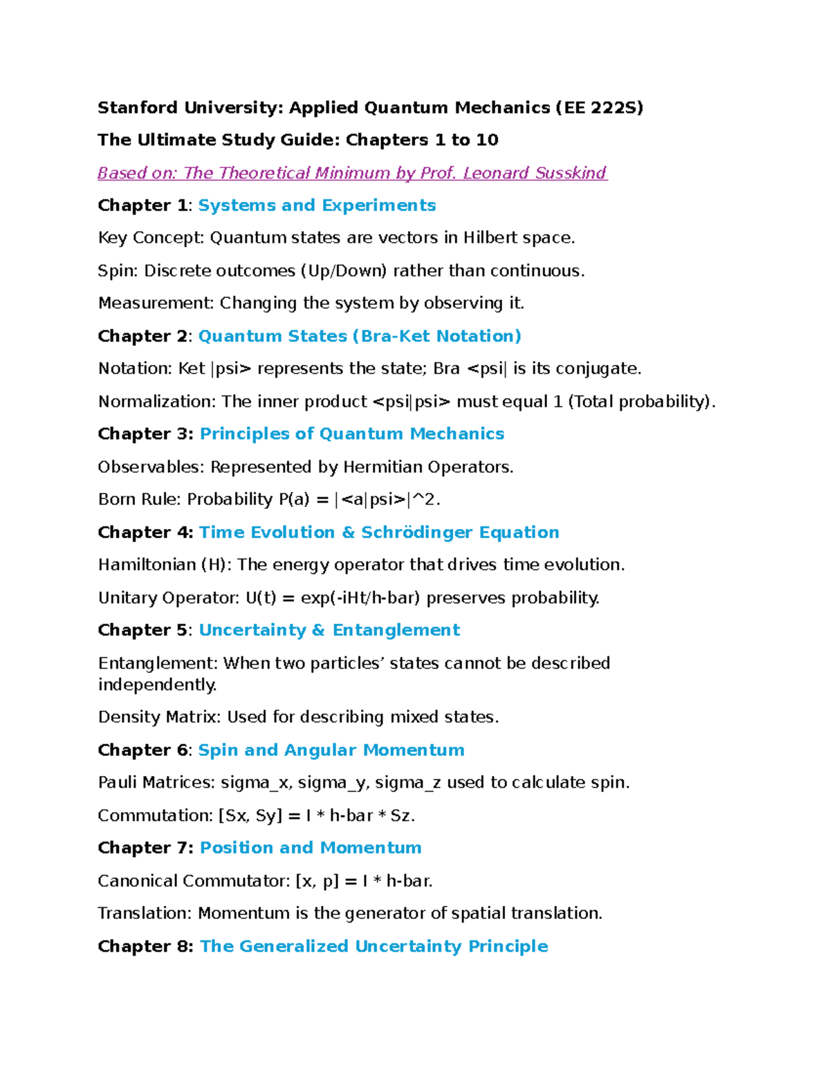 Stanford EE222S: Complete Quantum Mechanics Study Guide (Ch. 1-10 ...