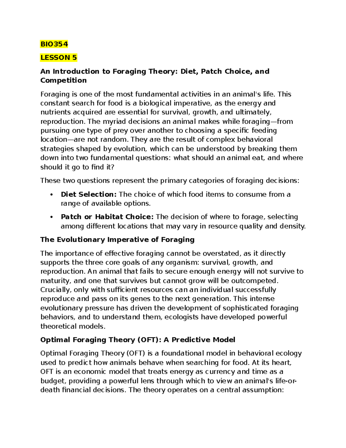 BIO354 LESSON 5-7 Summary: Foraging Theory, Predator Avoidance & Sexual ...
