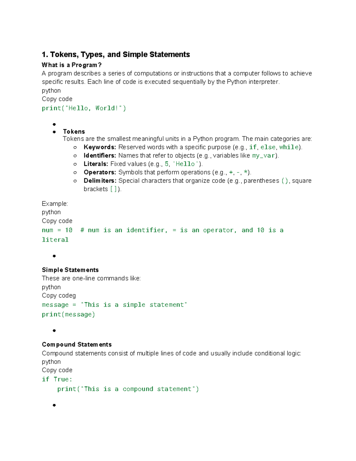 Cs notes - 1. Tokens, Types, and Simple Statements What is a Program? A ...