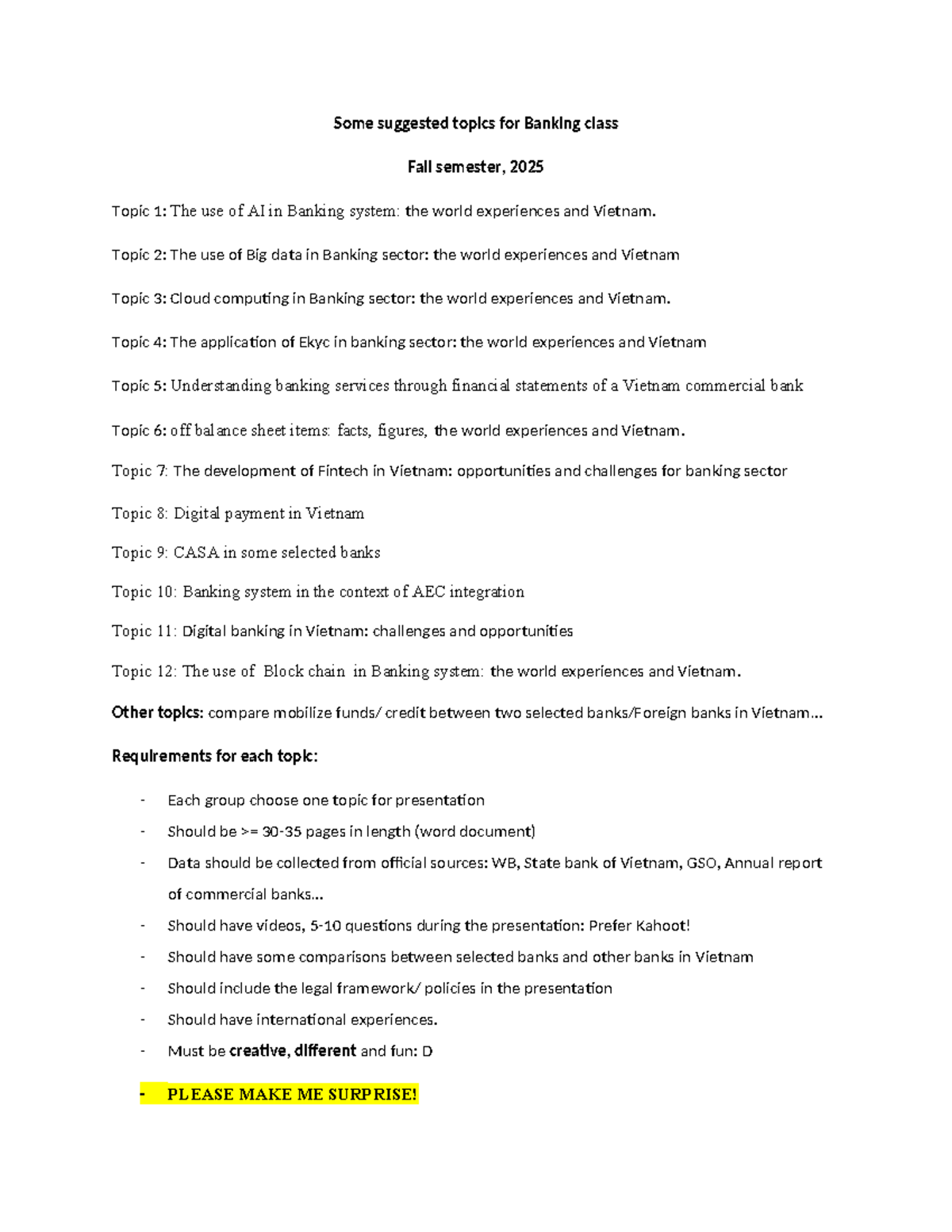 Suggested Topics for Banking Class (Fall 2025) - Studocu