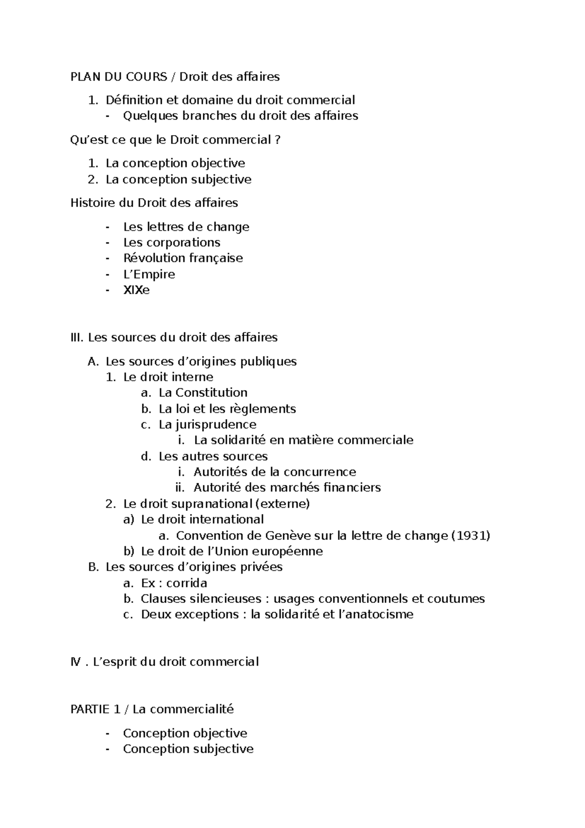 Plan de Cours Droit des Affaires 1: Concepts et Sources - Studocu