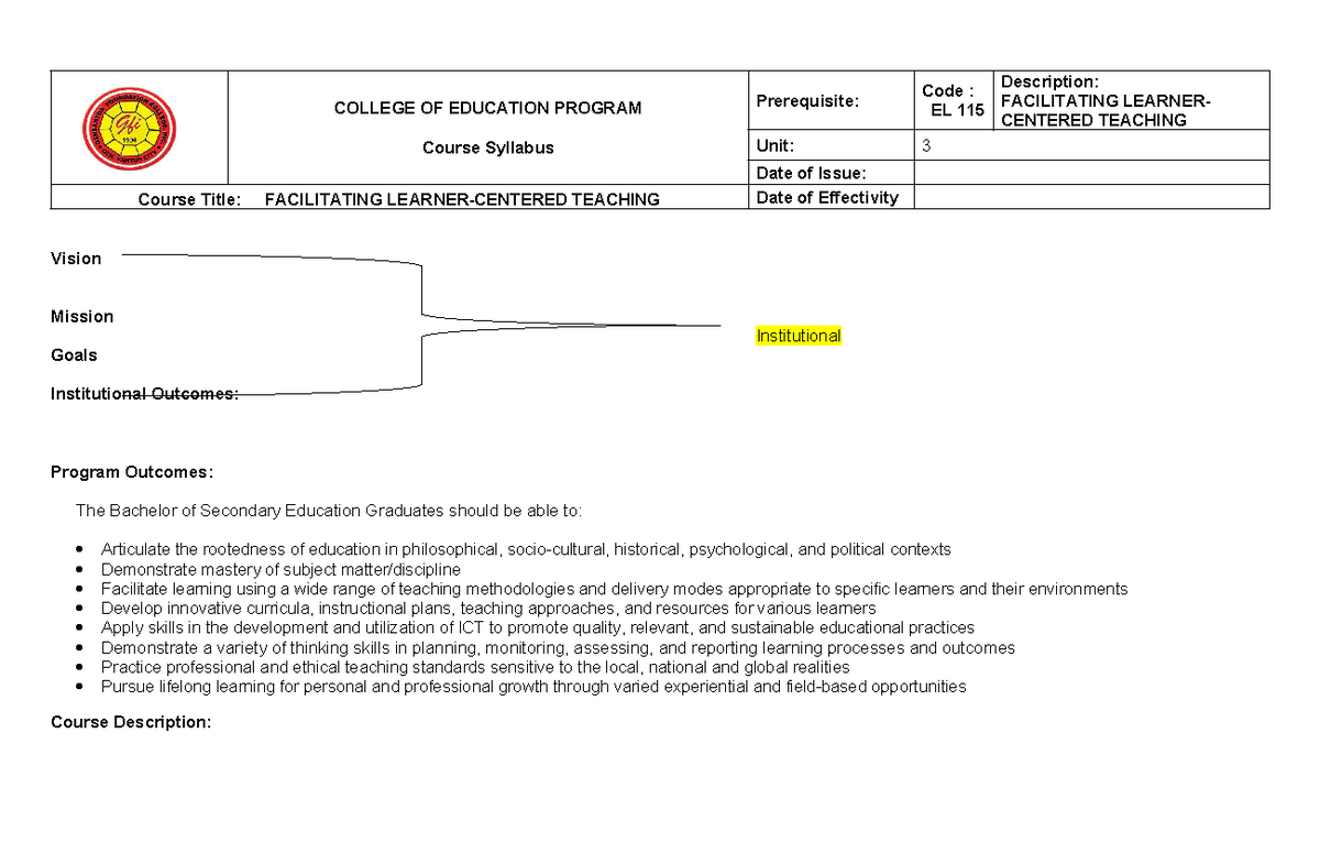 Course Syllabus - COLLEGE OF EDUCATION PROGRAM Course Syllabus ...