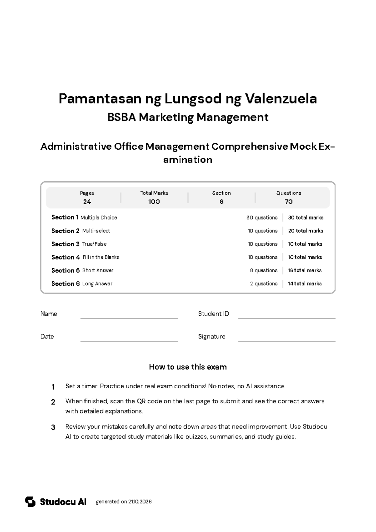 Administrative Office Management Mock Exam - Studocu