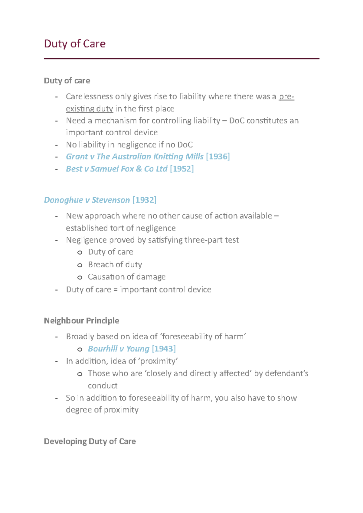 Duty of Care - Lecture Notes on Tort Law (TORT101) - Studocu