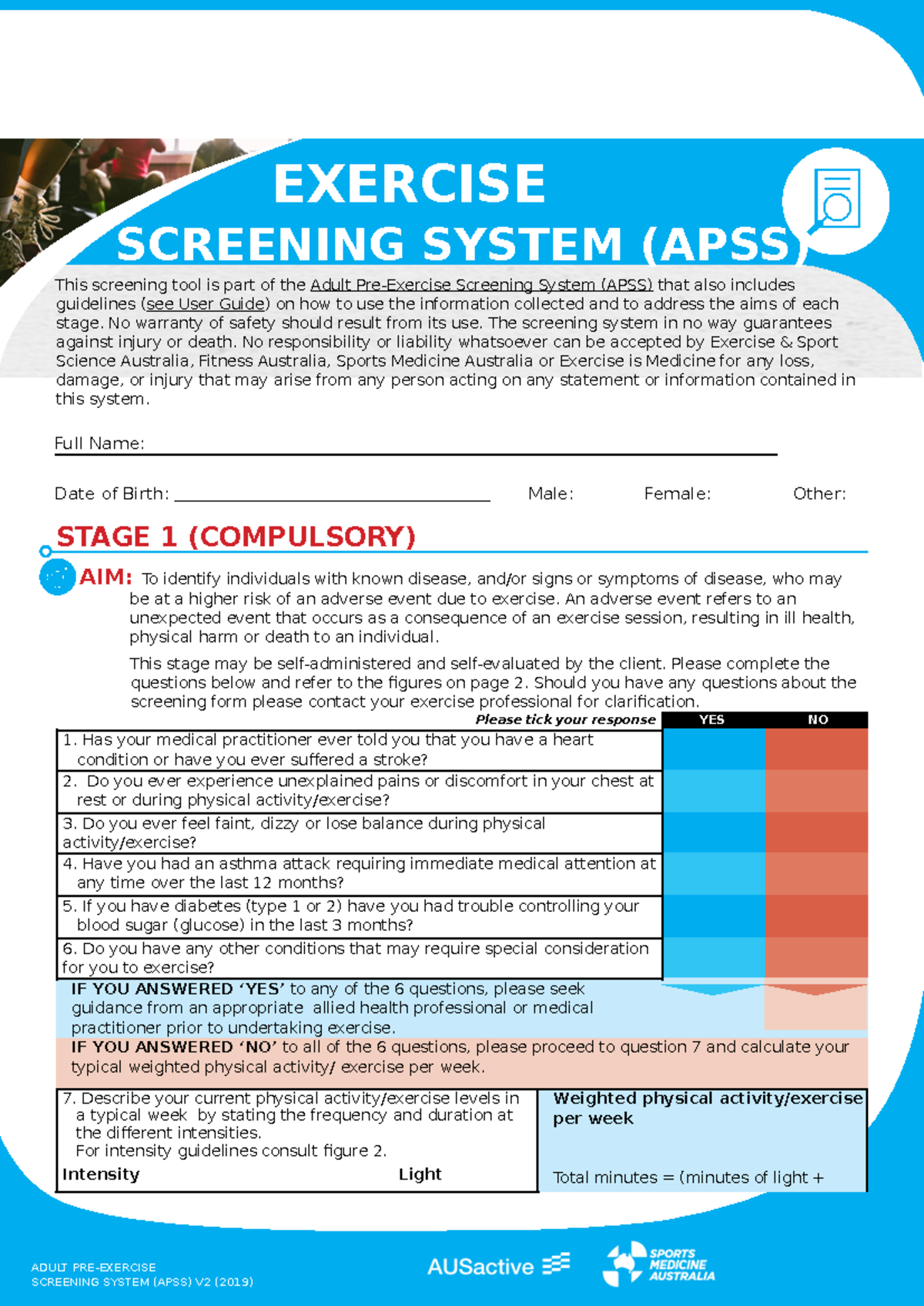 APSS: Adult Pre-Exercise Screening Tool Guidelines 2021 - Studocu