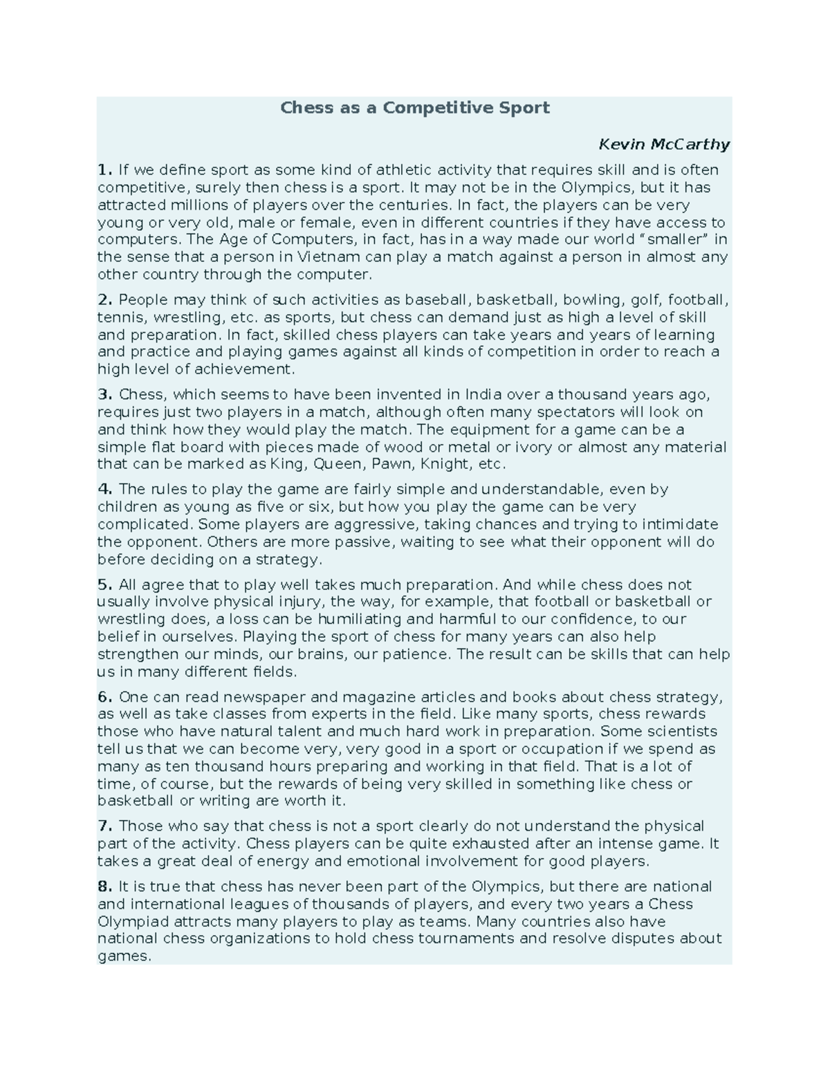 Chess as a Competitive Sport - If we define sport as some kind of ...
