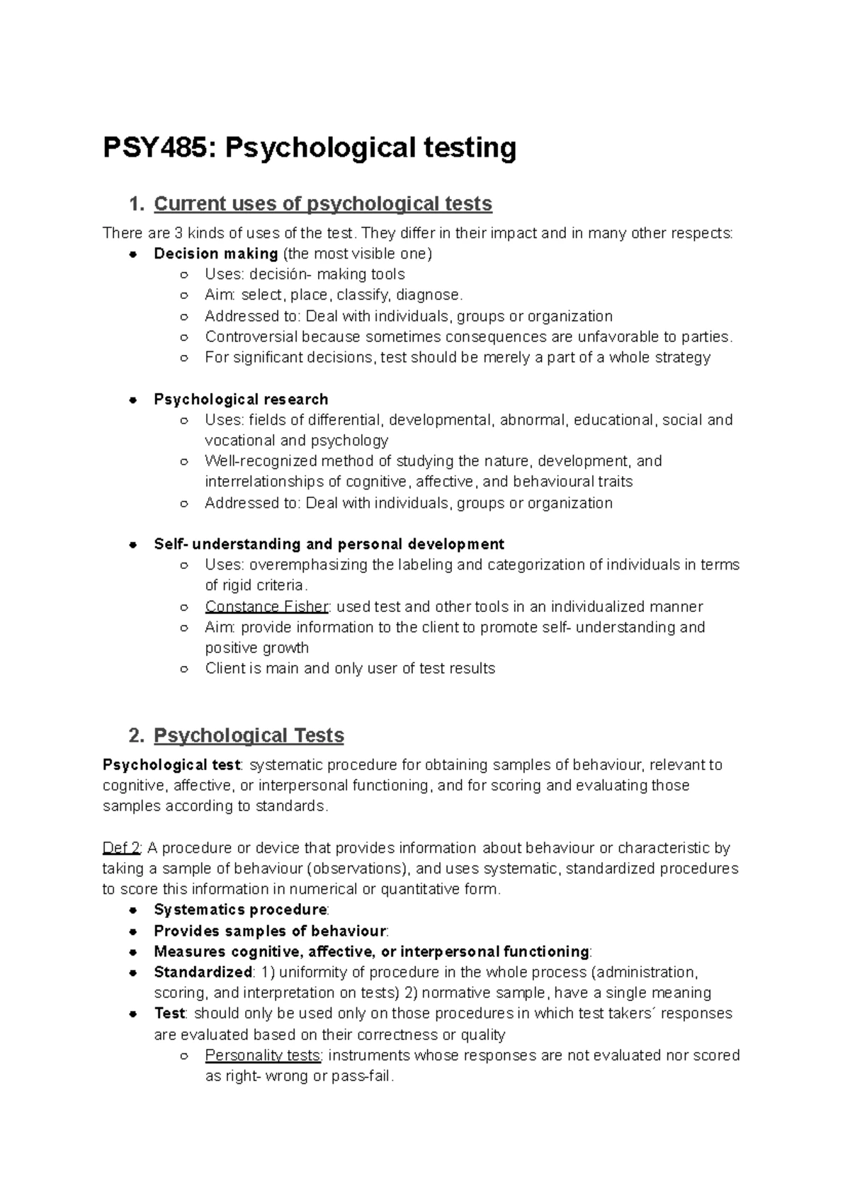 Exam 1 review sheet - Ch 1 Psychological Test an objective and ...