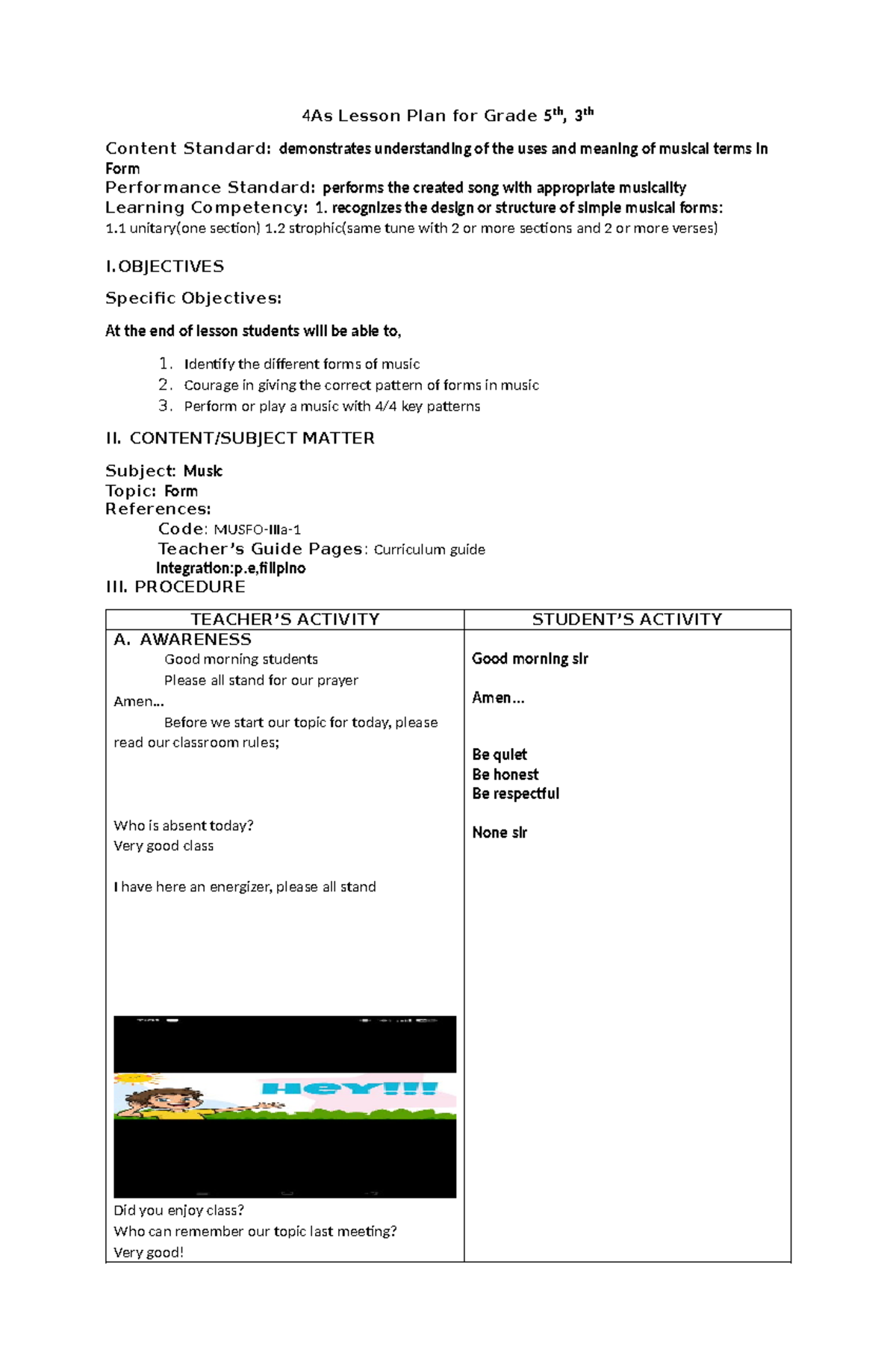 4As Lesson Plan for Grade 5 Music: Understanding Musical Forms - Studocu