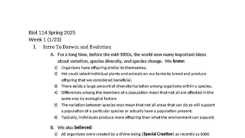 Biol 114 Spring 2025 Lecture Week 1: Intro to Darwin & Evolution Notes ...