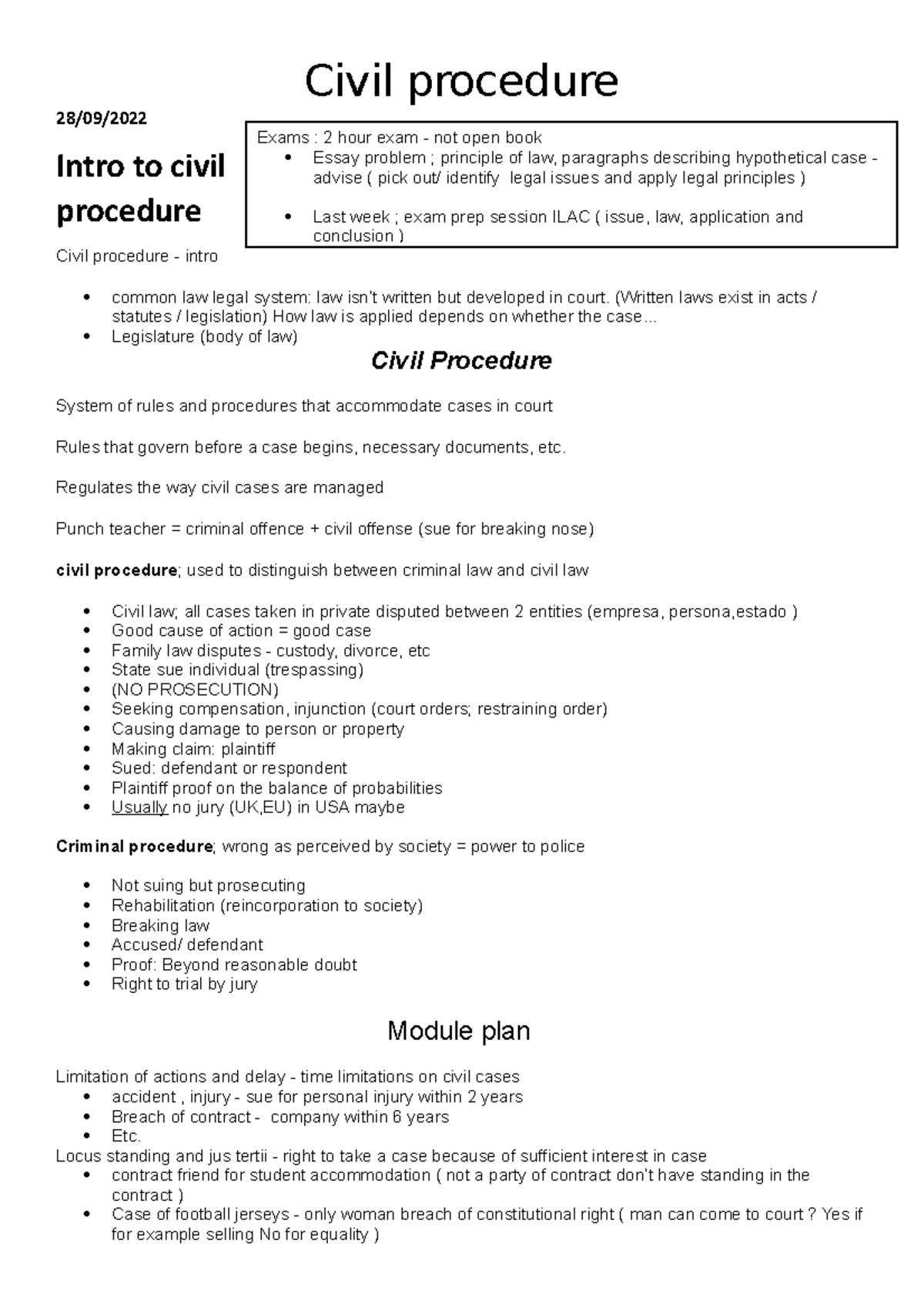 Civil procedure copy - Civil procedure 28/09/ Intro to civil procedure ...