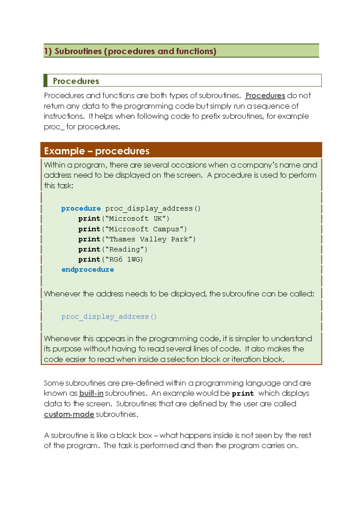 Subroutines - help with coding - 1) Subroutines (procedures and ...