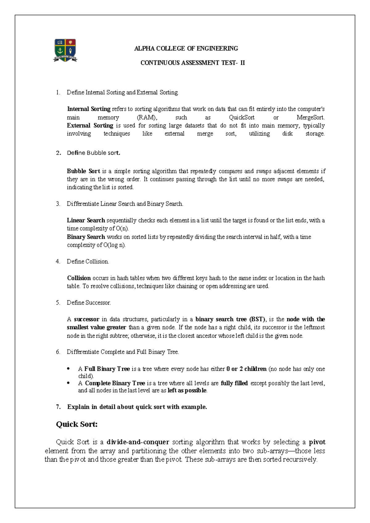 CAT 2 SET 2 Answer Key - Sorting Algorithms and Binary Tree Concepts ...