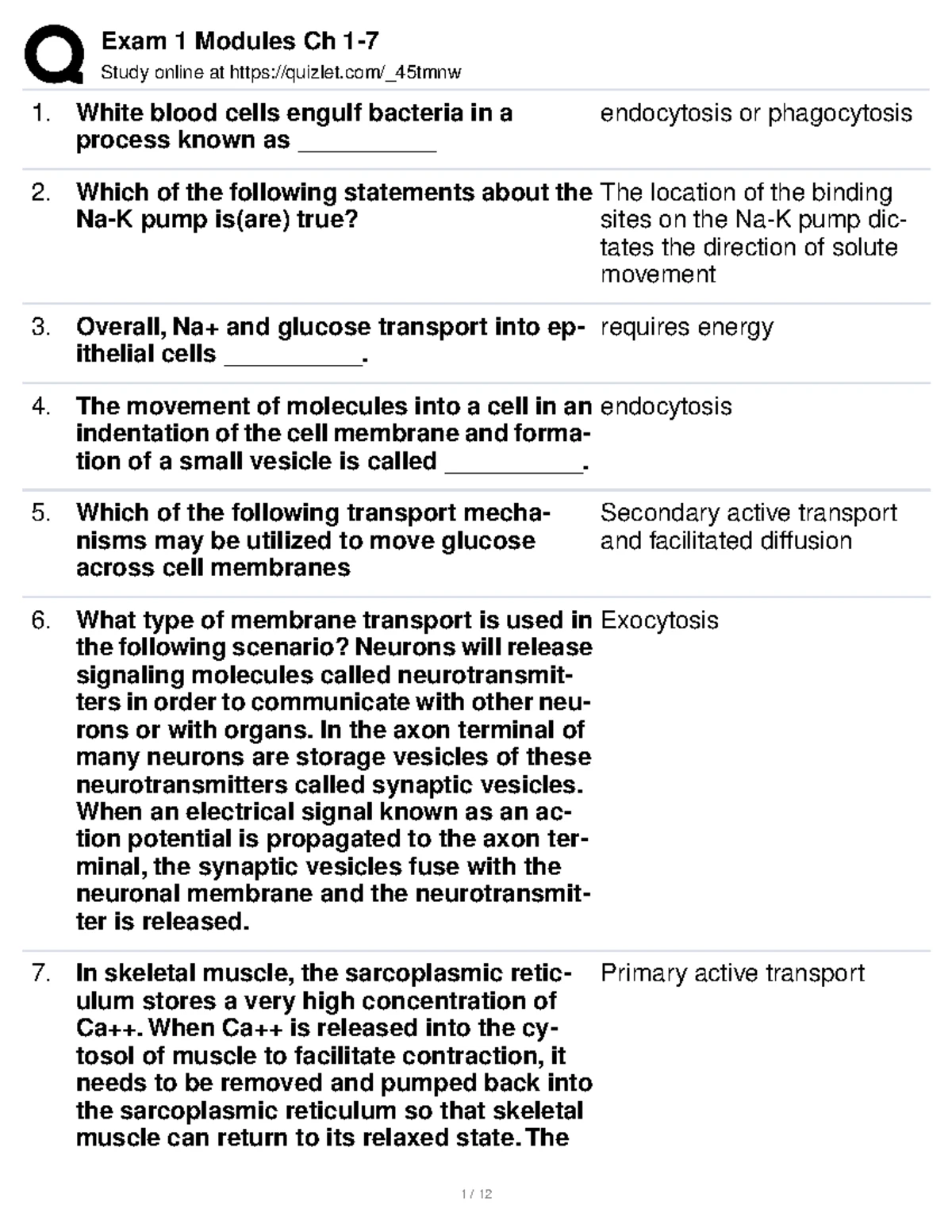 Bio 253 Exam 1 Study Guide: Key Concepts in Cell Membrane Transport ...