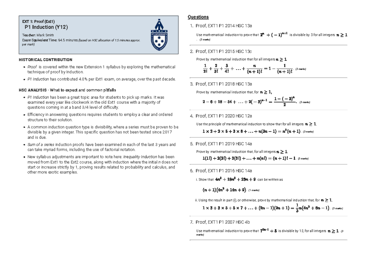 Induction Questions for EXT1 P1: Smarter Maths Guide - Studocu