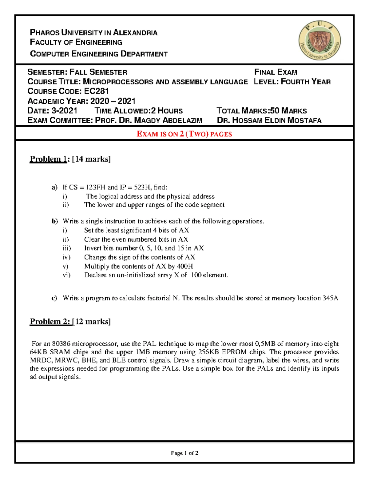 Microprocessors and Assembly Language (EC 281) - Fall Final Exam Review ...