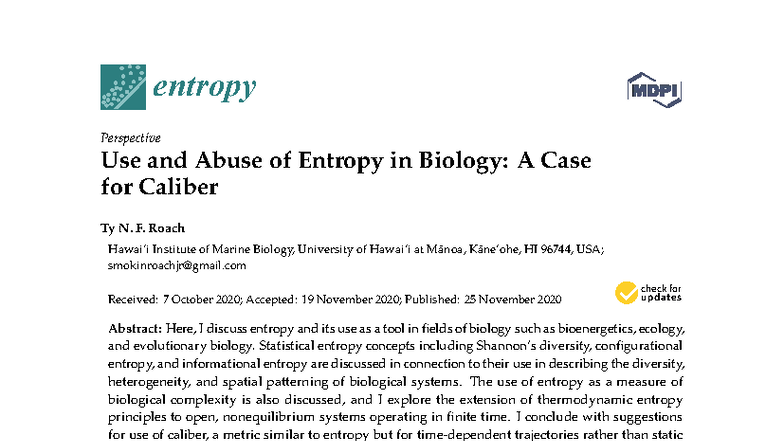 Entropy in Biology: Uses, Misuses, and the Concept of Caliber (Entropy ...