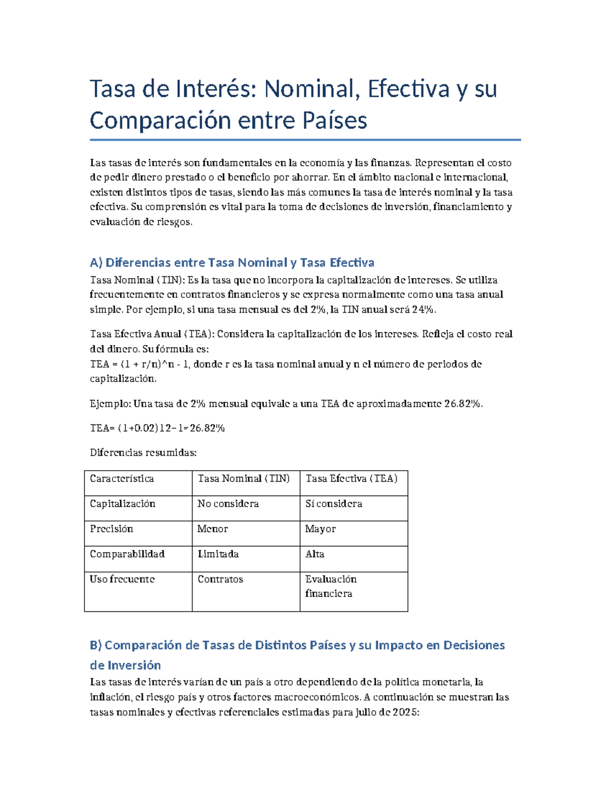 Comparación de Tasas de Interés: Nominal y Efectiva entre Países - Studocu