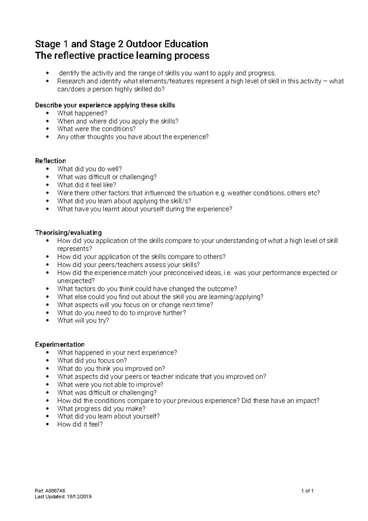 Reflective Practice in Outdoor Education: Stages 1 & 2 Insights - Studocu