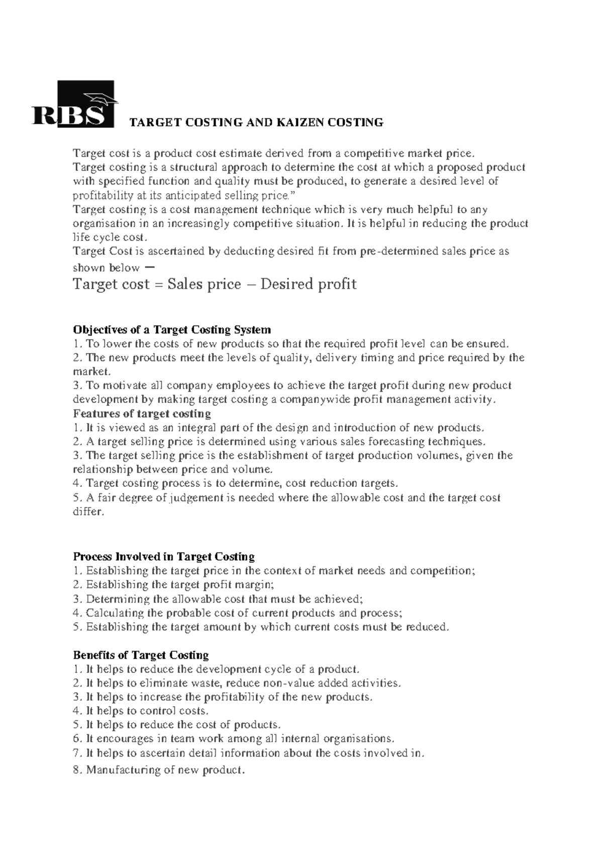 Target Costing and Kaizen Costing Concepts: An Overview - Studocu