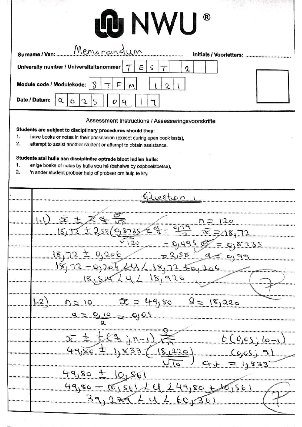 STFM 121 TEST 2 MEMO 2025: Assessment Instructions & Solutions - Studocu
