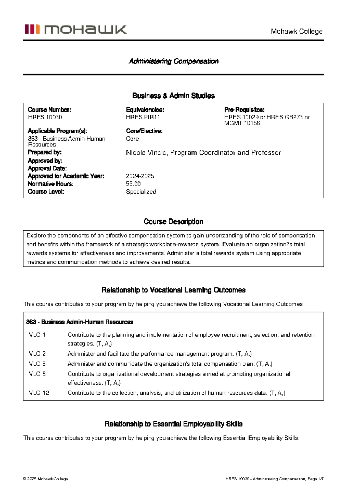 HRES 10030 Administering Compensation Course Outline 2024-2025 - Studocu