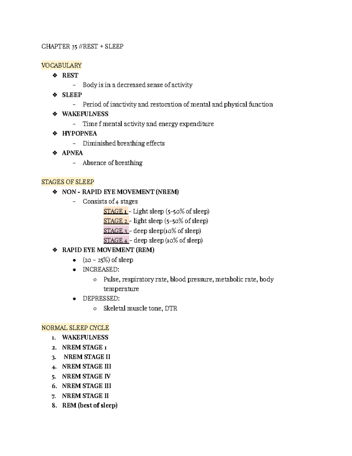 Chapter 35: REST and SLEEP Notes for Study - Studocu