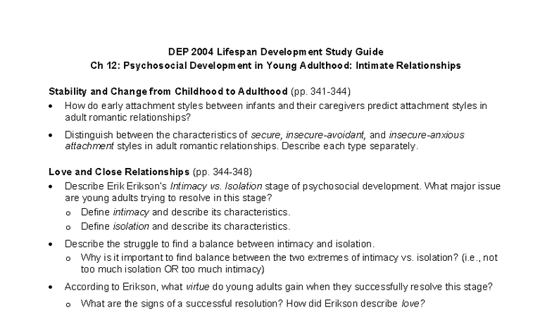 DEP 2004 Study Guide: Ch 12 Psychosocial Dev & Intimate Relationships ...