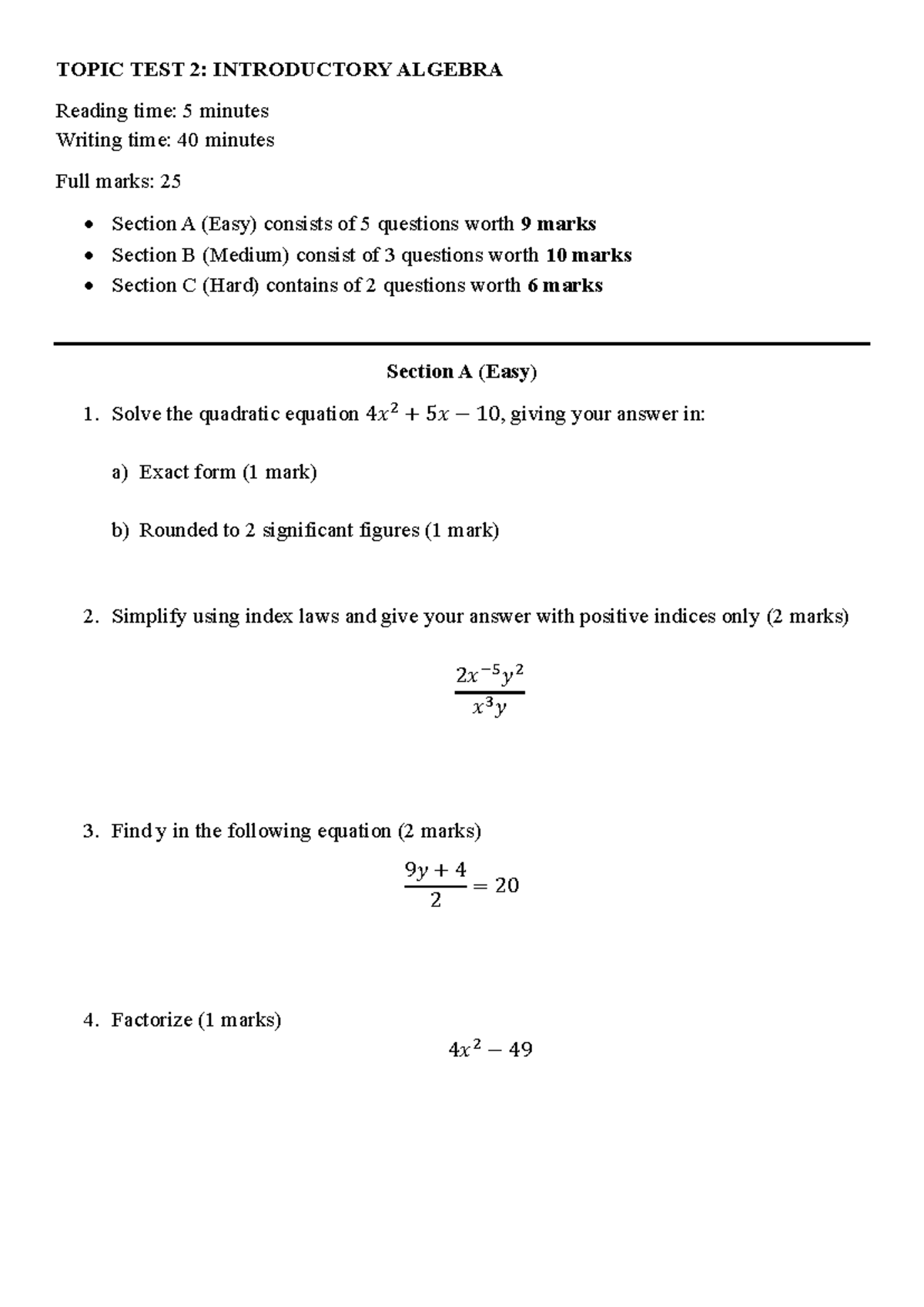 TOPIC TEST 2: INTRODUCTORY ALGEBRA (Full Marks: 25) - Studocu