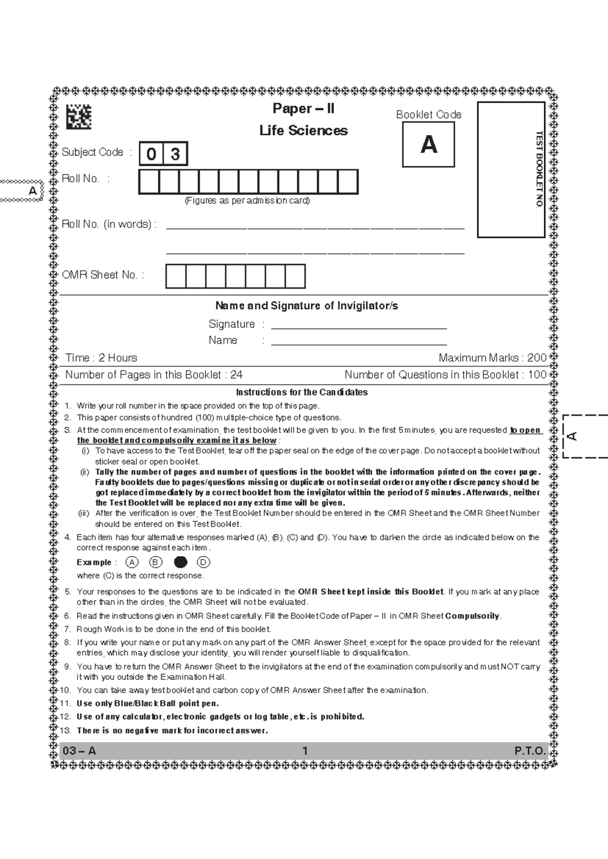 Jkset pyqs - Kmjj - Paper – II Life Sciences Subject Code : Roll No ...