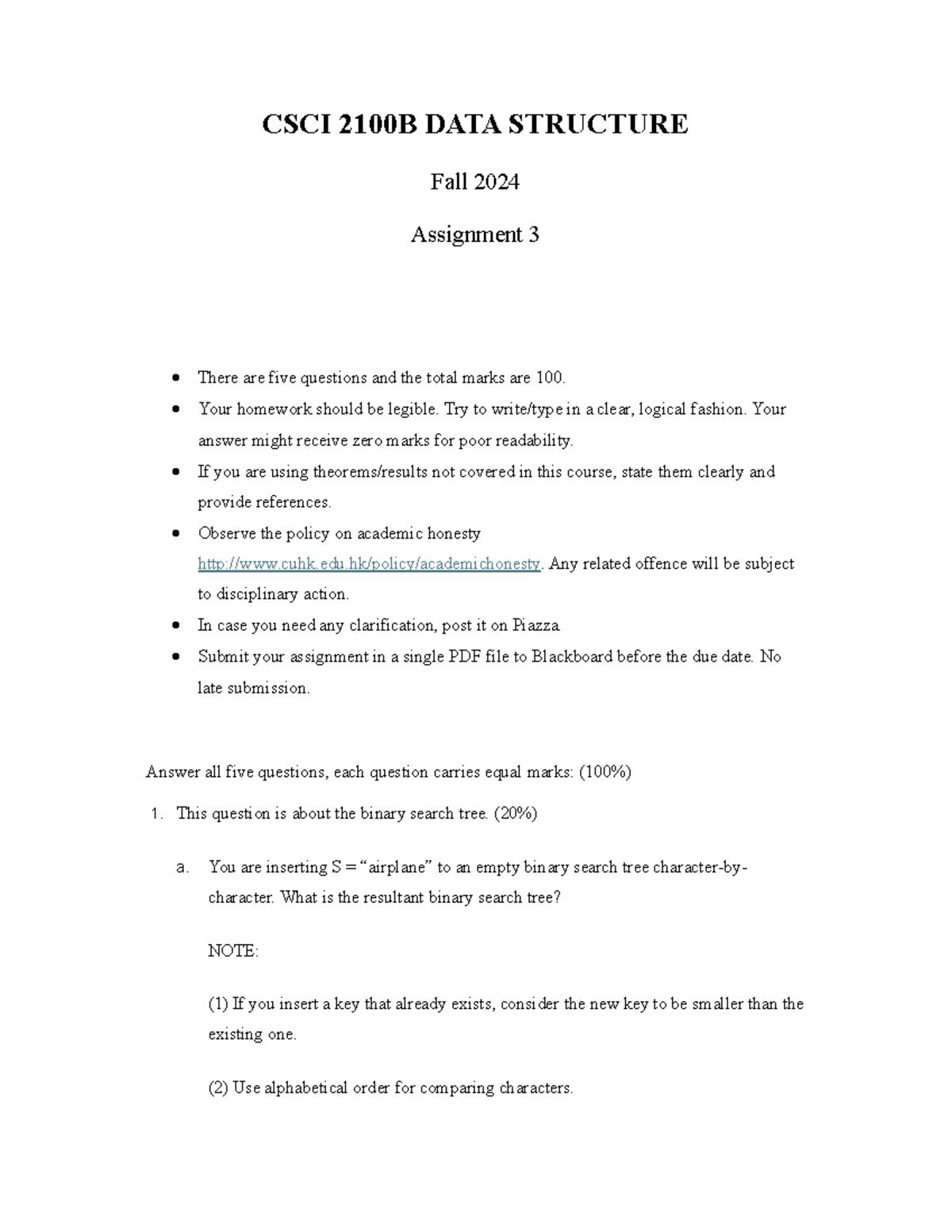 CSCI 2100B Data Structure Fall 2024 Assignment 3 Guidelines and ...