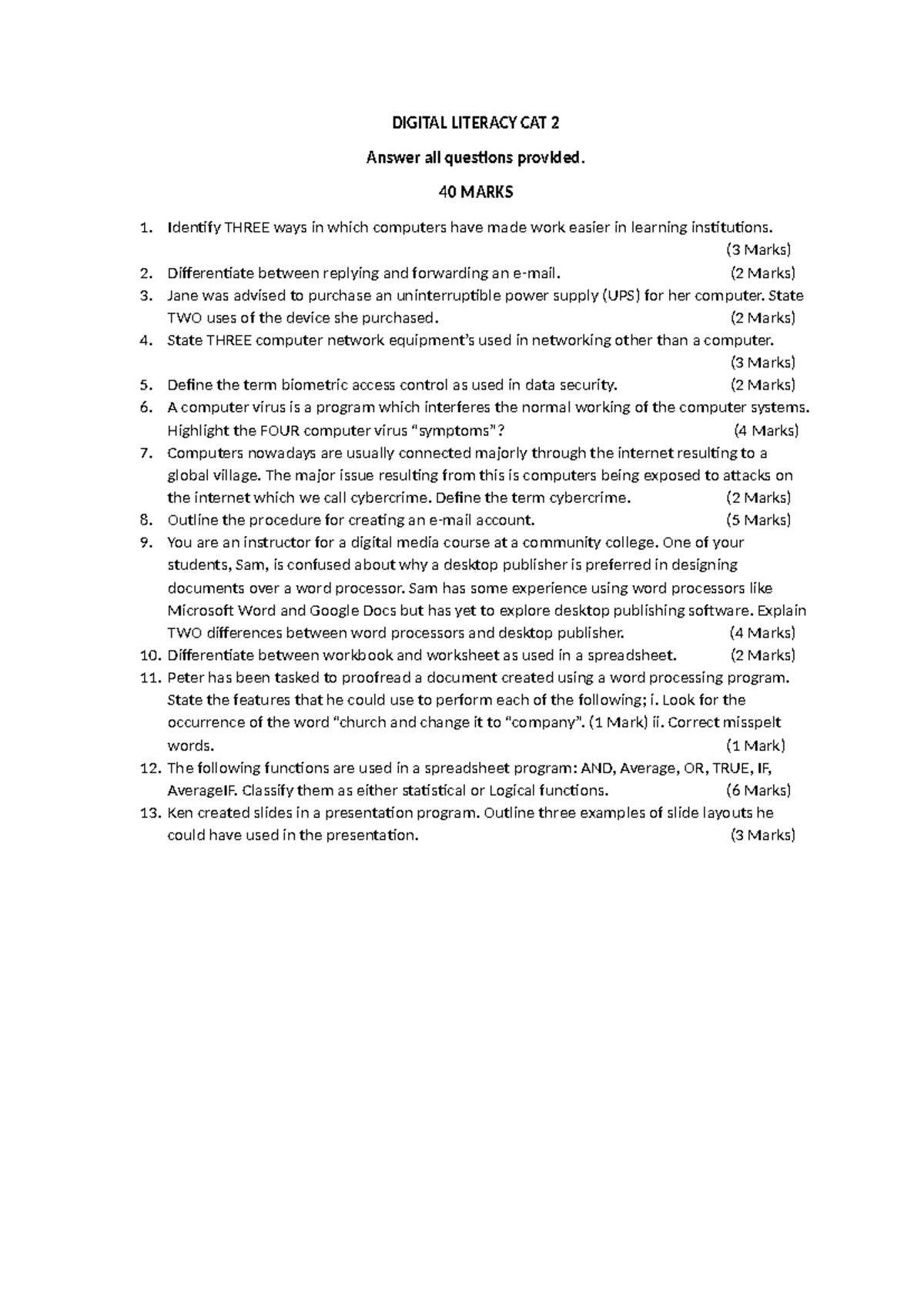Digital Literacy CAT 2 - Assignment on Computer Applications and ...