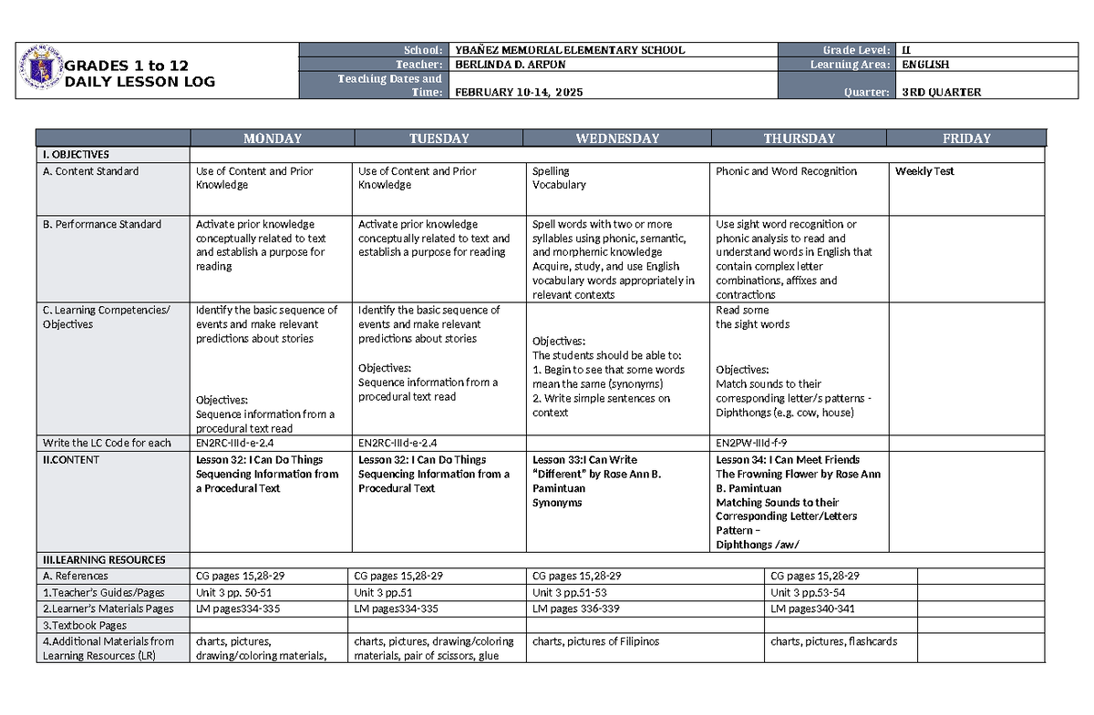 Daily Lesson Log (DLL) for English 2: Quarter 4, Week 1 - Studocu