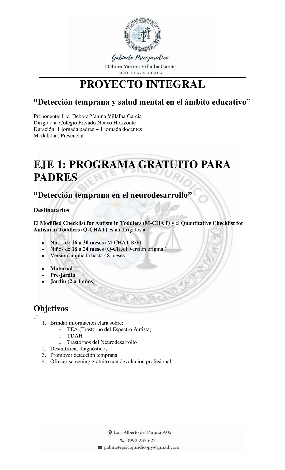 Proyecto Integral sobre Salud Mental y Desarrollo Temprano en el ...