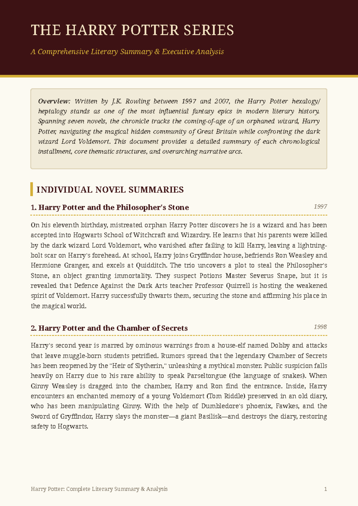 Harry Potter Series: Comprehensive Literary Summary Analysis - Studocu