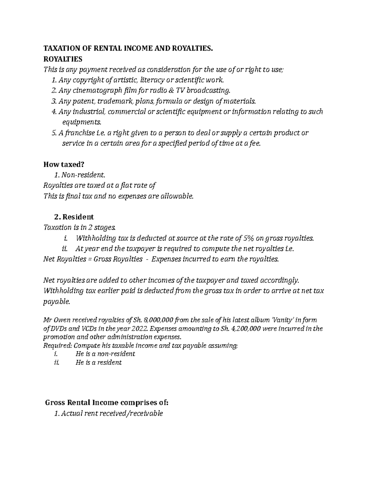 Taxation of Rental & Royalties Income: Overview and Computation Notes ...
