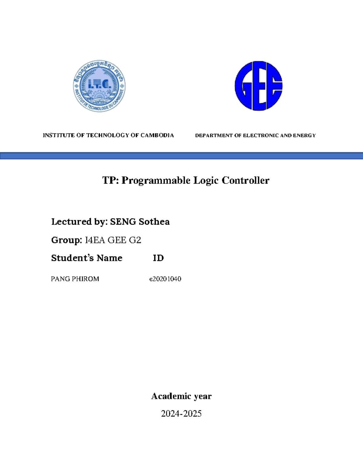 PLC L1 TP 2 - learn about Programmable Logic Controller - INSTITUTE OF ...