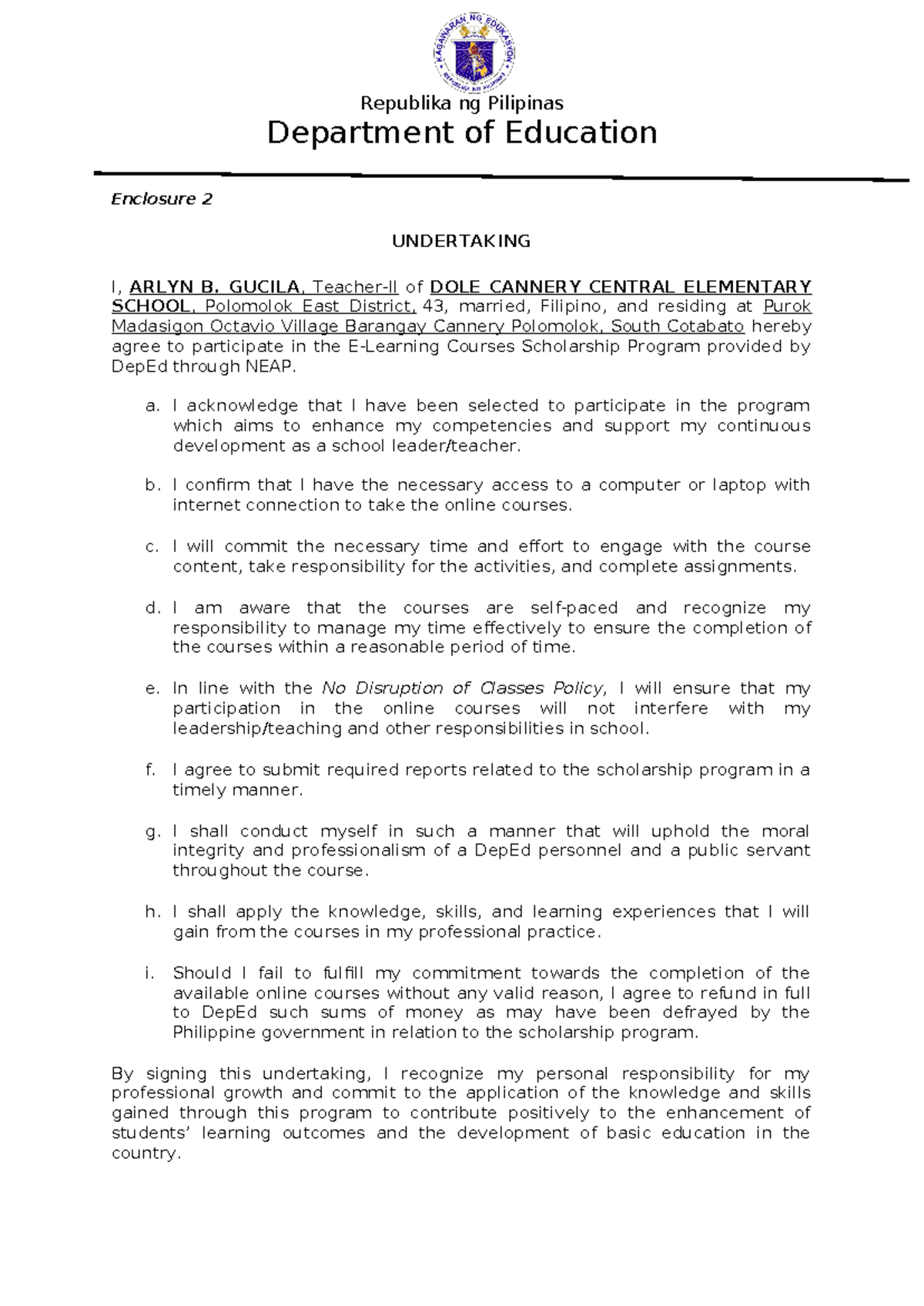 DepEd E-Learning Scholarship Program Undertaking Form - Studocu
