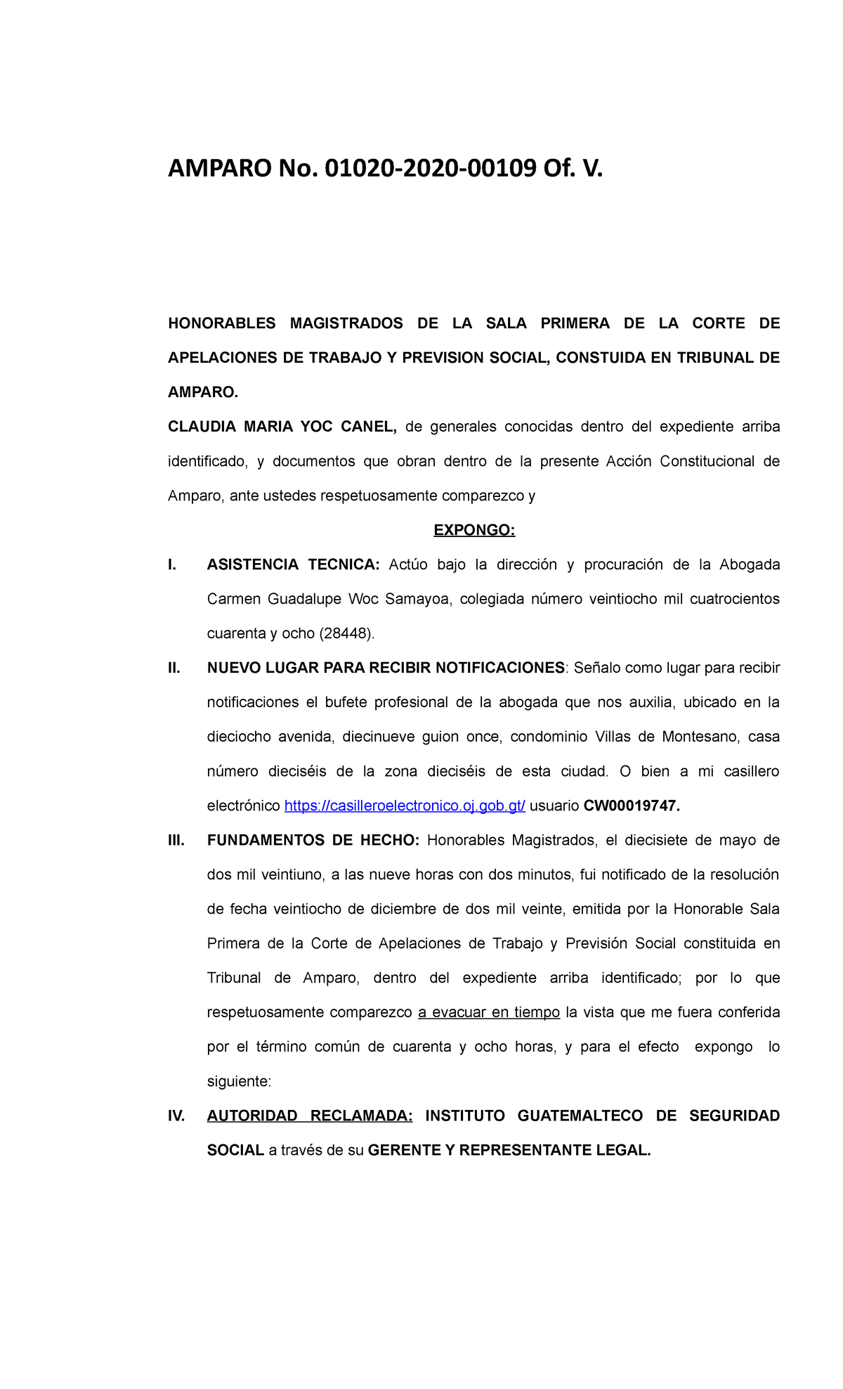 Evacuación de Vista en Amparo No. 01020-2020-00109 - 48 Horas - Document Preview