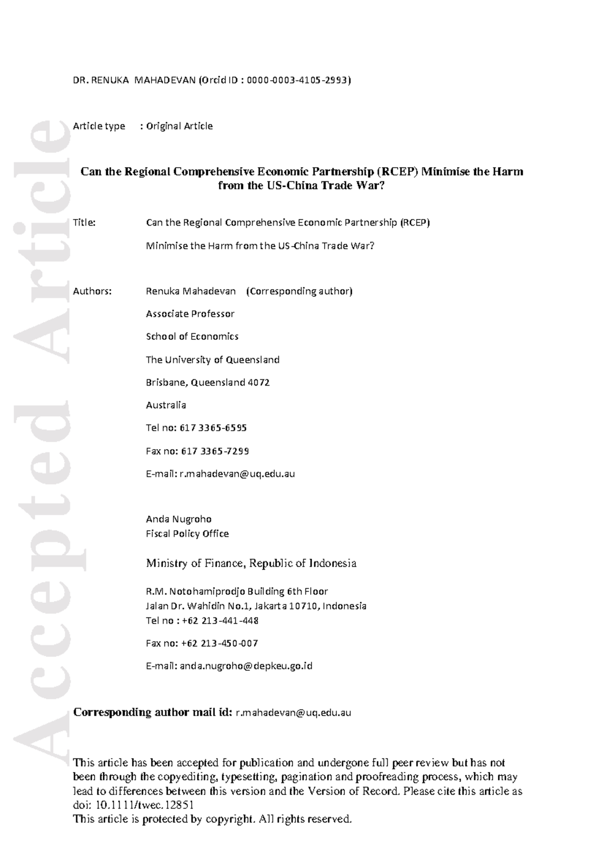 Can the RCEP minimize trade war - Accepted Article This article has ...