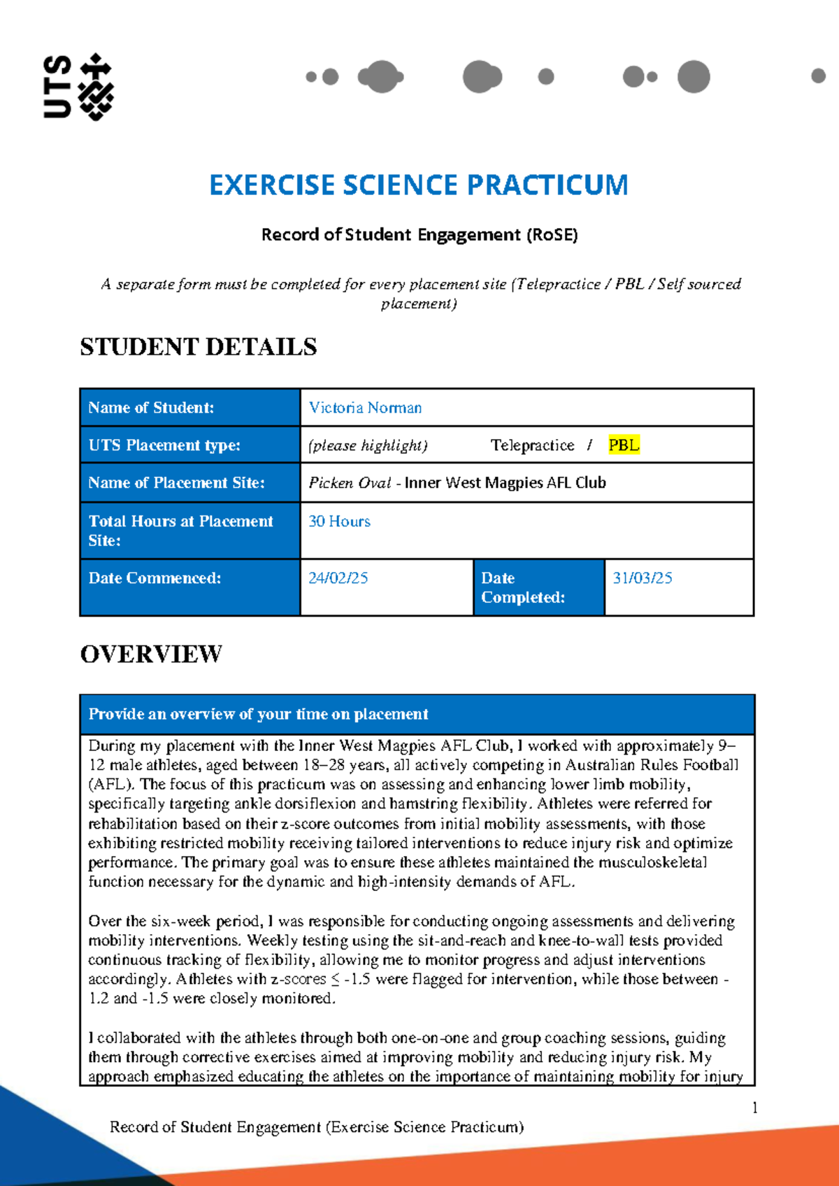 EXS 92554 Practicum Report: Student Engagement at Inner West Magpies ...