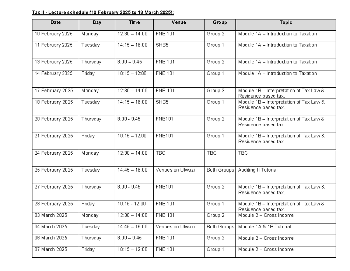 Tax+II+-+Schedule+10+Feb+-18+March+2025 - Tax II - Lecture schedule (10 ...
